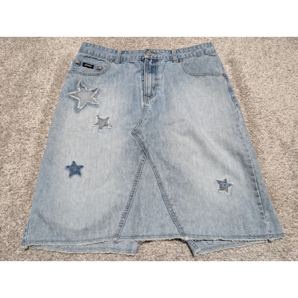 Y2K Denim Skirt‎ Womens 31W Blue Star Patch Distressed Midi Light Wash Squeeze